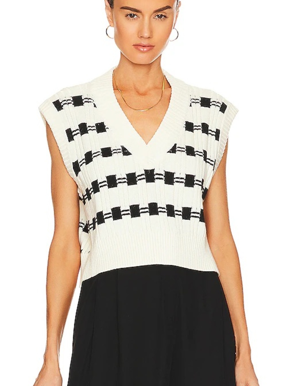 Revolve Danelea Cropped Vest Cream & Black V-Neck Knit Sweater Vest